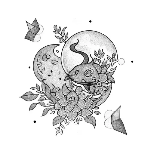 A sleeping moon surrounded by flowers and musical notes tattoo design idea