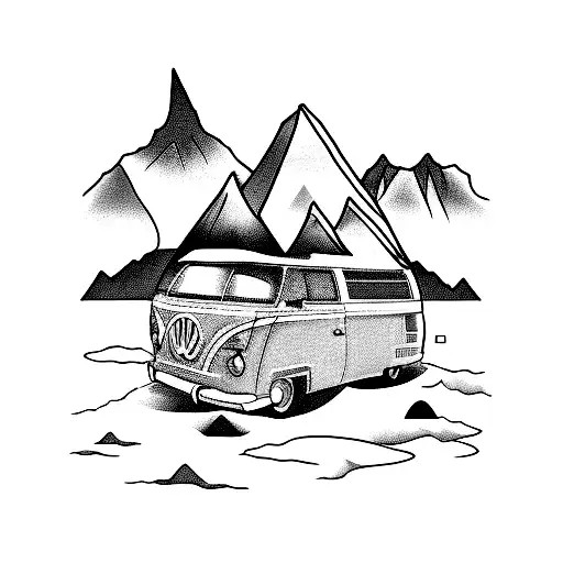 campervan with mountain range outline tattoo design idea