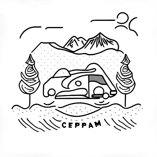 campervan with mountain range outline tattoo design idea