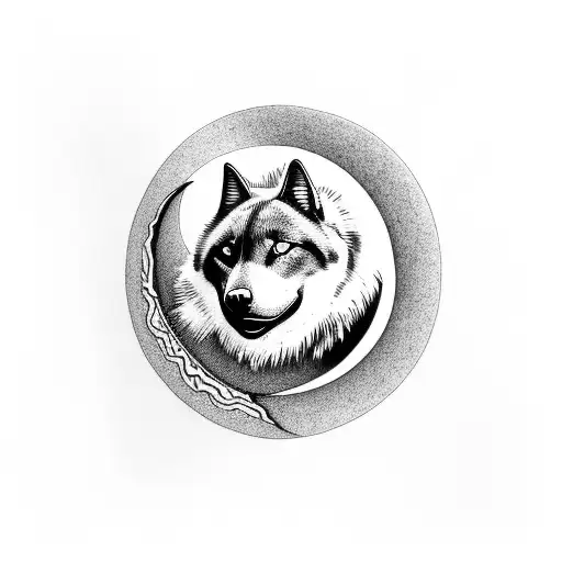 Crescent moon on top. Below to left is profile of black cat, center is black wolf dog, and right is raven skull. tattoo design idea