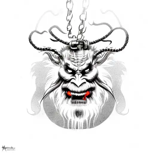 krampus head with chains around tattoo design idea