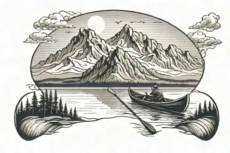 canoe on lake surrounded and mountains inside tattoo design idea
