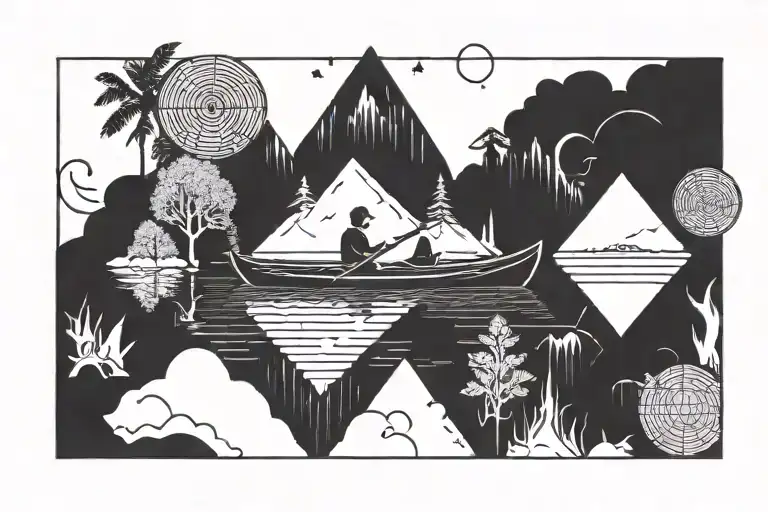 canoe on lake surrounded tattoo design idea