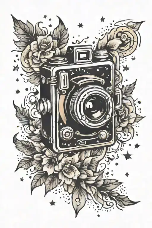 vintage camera surrounded by stars tattoo design idea