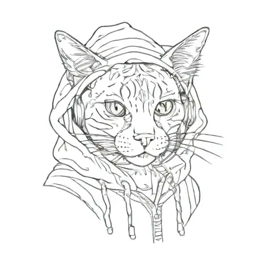 Design a tattoo of a cat wearing a Kendrick Lamar inspired outfit, such as a hoodie and sneakers tattoo design idea
