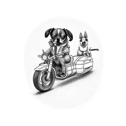 An electrician riding a motorcycle with a chihuahua in a sidecar tattoo design idea