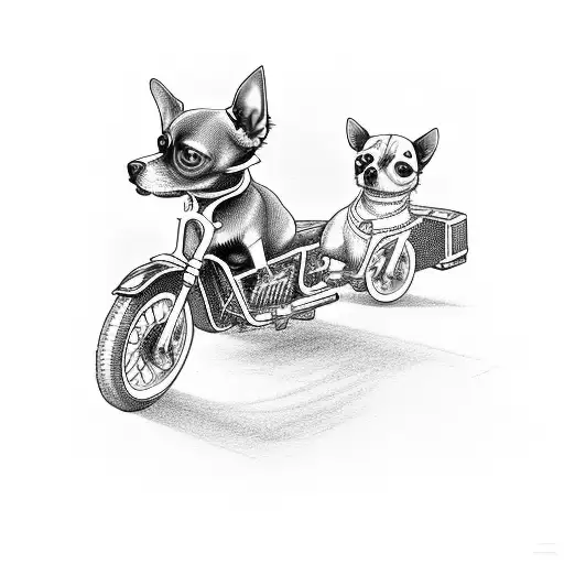 An electrician riding a motorcycle with a chihuahua in a sidecar tattoo design idea
