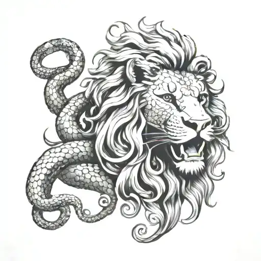 snake and lion head tattoo design idea