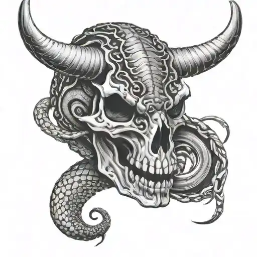 Bull Skull with rattle snake wrapped tattoo design idea