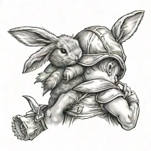 little boy crying while holding a teddy bunny with arrows in his back  tattoo design idea