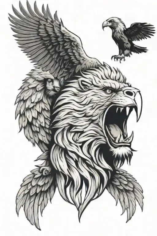 lion and eagle face showing controlled aggression and ready to pownce. keep the lion and eagle separated but entiwned. tattoo design idea