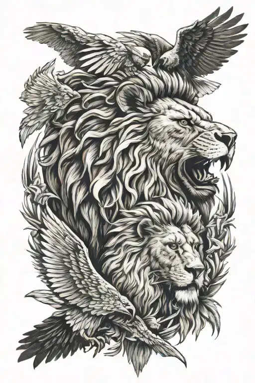 lion and eagle face showing controlled aggression and ready to pownce. keep the lion and eagle separated but entwined. tattoo design idea
