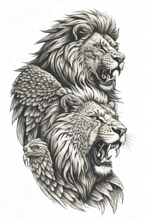 lion and eagle face showing controlled aggression and ready to pownce. keep the lion and eagle separated but entiwned. tattoo design idea