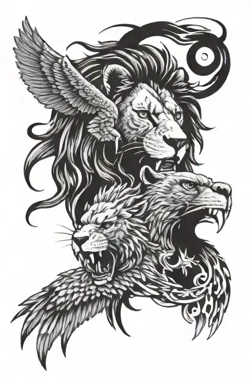 lion and eagle face showing controlled aggression and ready to pownce. keep the lion and eagle separated but entwined. tattoo design idea