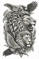 lion and eagle face showing controlled aggression and ready to pownce. keep the lion and eagle separated but entwined. tattoo design idea
