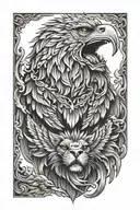 lion and eagle face showing controlled aggression and ready to pownce. keep the lion and eagle separated but entwined. tattoo design idea