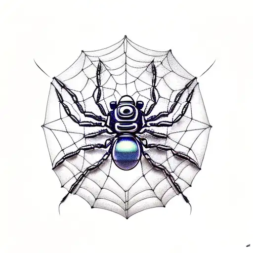 A futuristic cybernetic spider weaving a web of code tattoo design idea