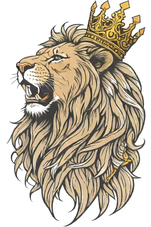 side profile of roaring lion wearing a crown tattoo design idea