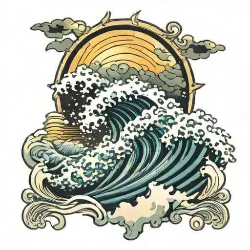 wave crashing with sun shining tattoo design idea