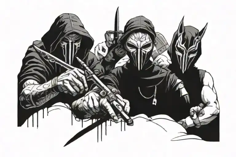 a group of masked men, knives in their hands, their faces covered tattoo design idea