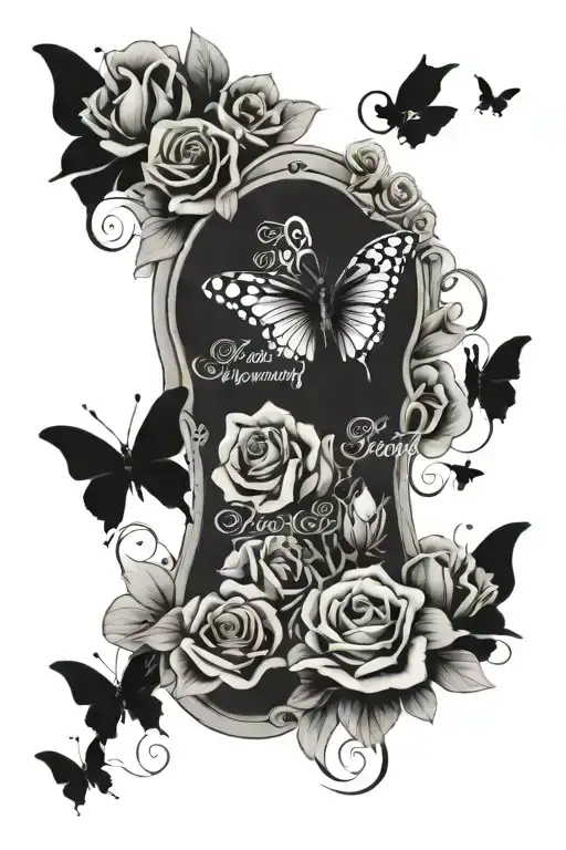 baby footprints turned into butterfly wings with roses around it with a saying at the bottom "Esmeray Anderson" tattoo design idea