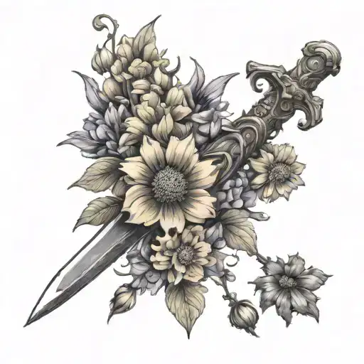 a dagger surrounded with marigold flowers and larkspur  tattoo design idea