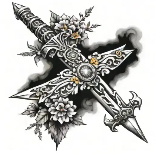 a dagger surrounded by libra constellation with marigold flowers and larkspur  tattoo design idea