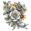 delicate dagger libra constellation with marigold flowers and larkspur  tattoo design idea