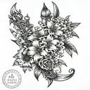 delicate dagger libra constellation with marigold flowers and larkspur  tattoo design idea