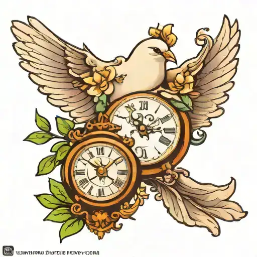 dove holding an olive branch with clock under it tattoo design idea