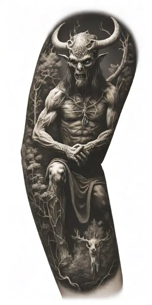 A satanic creature in an catholic artstyle in a landscape with a forrest tattoo design idea