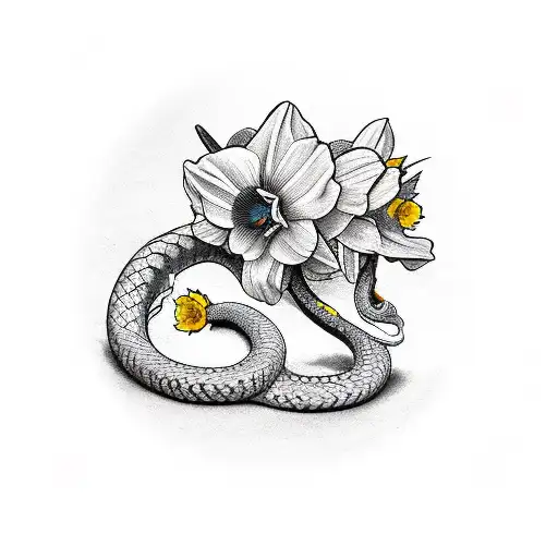 dagger with daffodil flowers and a snake passing through the enire dagger vertically  tattoo design idea