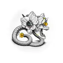 dagger with daffodil flowers and a snake passing through the enire dagger vertically  tattoo design idea