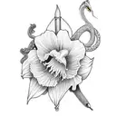 dagger with daffodil flowers and a snake passing through the enire dagger vertically  tattoo design idea