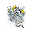 dagger with daffodil flowers and a snake passing through the enire dagger vertically  tattoo design idea