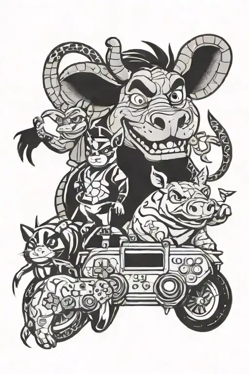 A tattoo design featuring a mashup of Timon and Pumba from The Lion King playing video games with Spider-Man and the Minions tattoo design idea