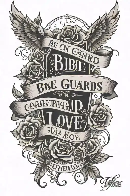 image of bible verse  Be on your guard; stand firm in the faith; be courageous; be strong. Do everything in love.  tattoo design idea