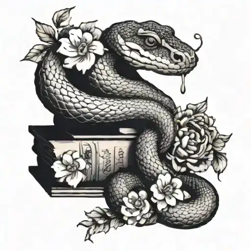 An intricate dotwork design of a snake coiled around a stack of books with flowers blooming from its scales tattoo design idea