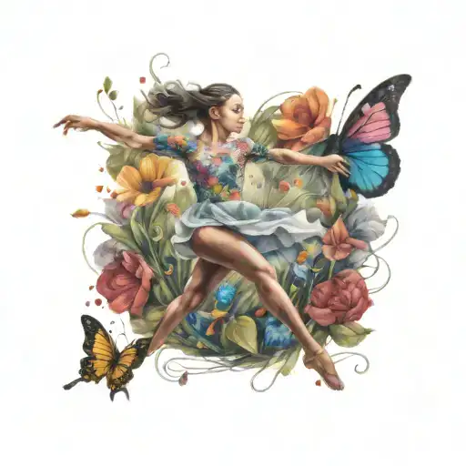 A dancer leaping through a field of colorful flowers with a butterfly trailing behind tattoo design idea