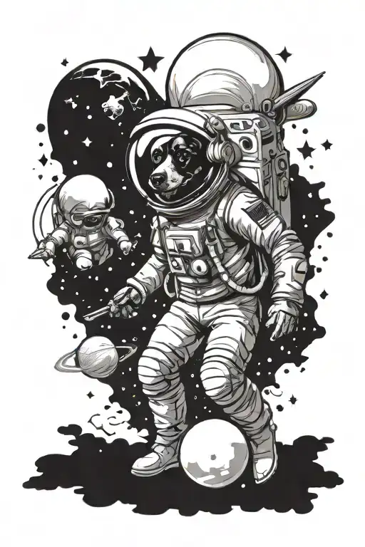 astronaut dog in space with space shuttle satellite milky way planets stars ufo tattoo design idea