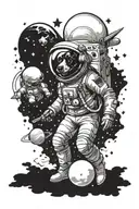 astronaut dog in space with space shuttle satellite milky way planets stars ufo tattoo design idea
