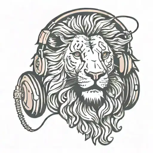 lion wearing Cuban pink neckless and headphones tattoo design idea
