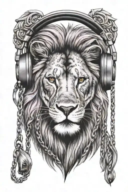 lion wearing Cuban pink chain and beats head phones tattoo design idea