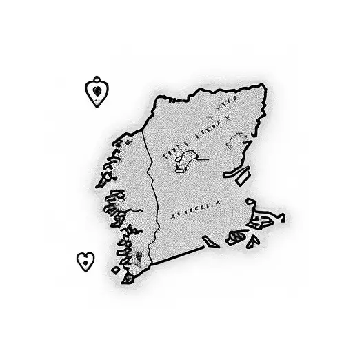 a map of Nova Scotia with hearts marking Halifax, Peggy's Cove, and Blomidon.  tattoo design idea