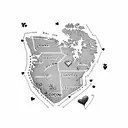 Nova Scotia map with hearts marking Halifax, Peggy's Cove, and Blomidon.  tattoo design idea