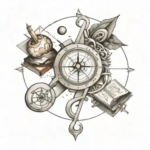 A cosmic infinity symbol with elements of personal development tools like books and a compass tattoo design idea