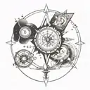 A cosmic infinity symbol with elements of personal development tools like books and a compass tattoo design idea