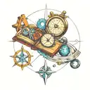 A cosmic infinity symbol with elements of personal development tools like books and a compass tattoo design idea