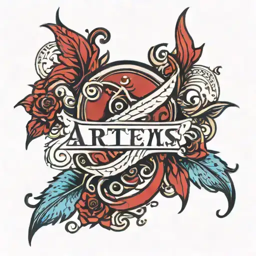 a red ink cursive that says Artemis Paul tatto design tattoo design idea
