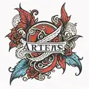 a red ink cursive that says Artemis Paul tatto design tattoo design idea